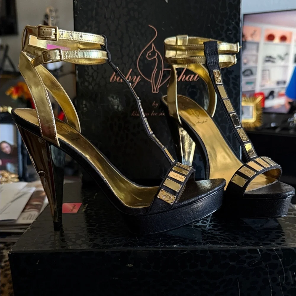 Baby Phat Gold and Black Heels - Picture 1 of 5